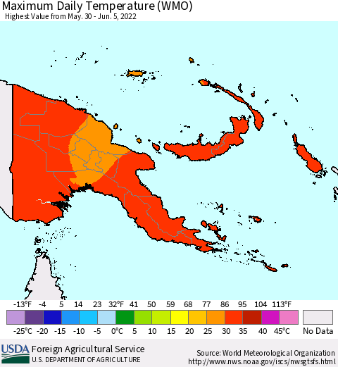 Papua New Guinea Maximum Daily Temperature (WMO) Thematic Map For 5/30/2022 - 6/5/2022