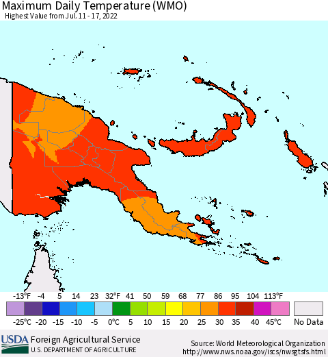 Papua New Guinea Maximum Daily Temperature (WMO) Thematic Map For 7/11/2022 - 7/17/2022