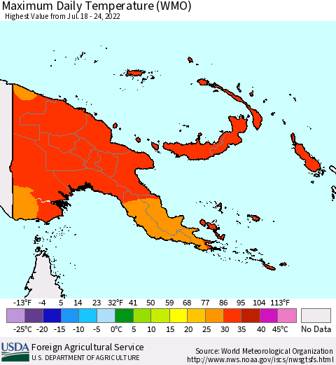 Papua New Guinea Maximum Daily Temperature (WMO) Thematic Map For 7/18/2022 - 7/24/2022