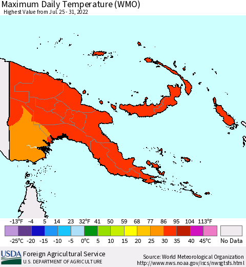 Papua New Guinea Maximum Daily Temperature (WMO) Thematic Map For 7/25/2022 - 7/31/2022