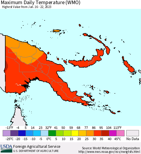 Papua New Guinea Maximum Daily Temperature (WMO) Thematic Map For 1/16/2023 - 1/22/2023