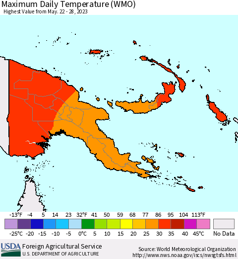 Papua New Guinea Maximum Daily Temperature (WMO) Thematic Map For 5/22/2023 - 5/28/2023