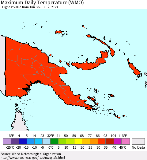 Papua New Guinea Maximum Daily Temperature (WMO) Thematic Map For 6/26/2023 - 7/2/2023