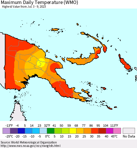 Papua New Guinea Maximum Daily Temperature (WMO) Thematic Map For 7/3/2023 - 7/9/2023