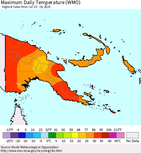 Papua New Guinea Maximum Daily Temperature (WMO) Thematic Map For 7/10/2023 - 7/16/2023
