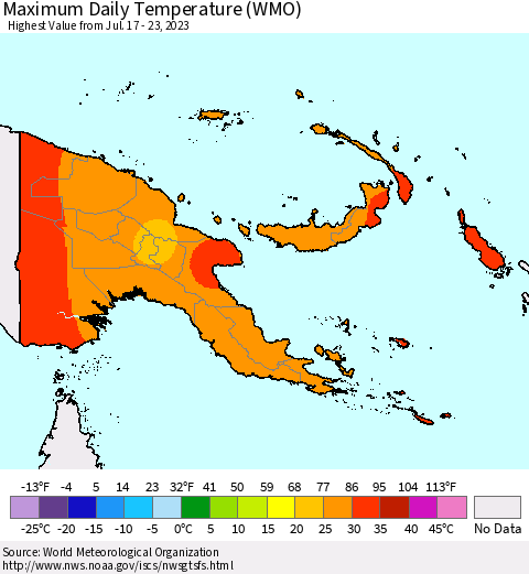 Papua New Guinea Maximum Daily Temperature (WMO) Thematic Map For 7/17/2023 - 7/23/2023