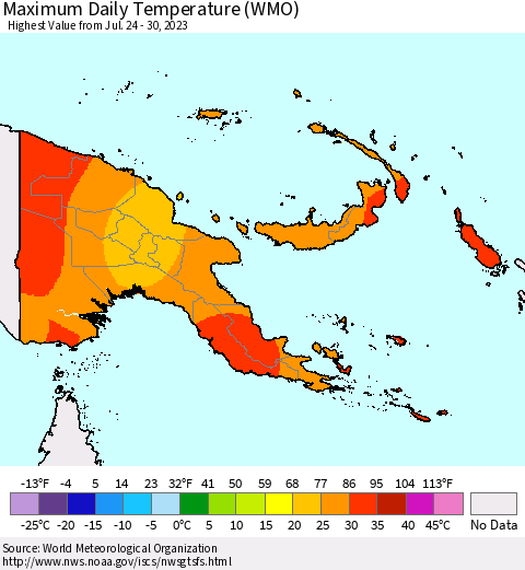 Papua New Guinea Maximum Daily Temperature (WMO) Thematic Map For 7/24/2023 - 7/30/2023