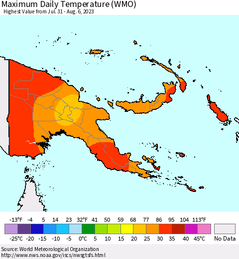 Papua New Guinea Maximum Daily Temperature (WMO) Thematic Map For 7/31/2023 - 8/6/2023
