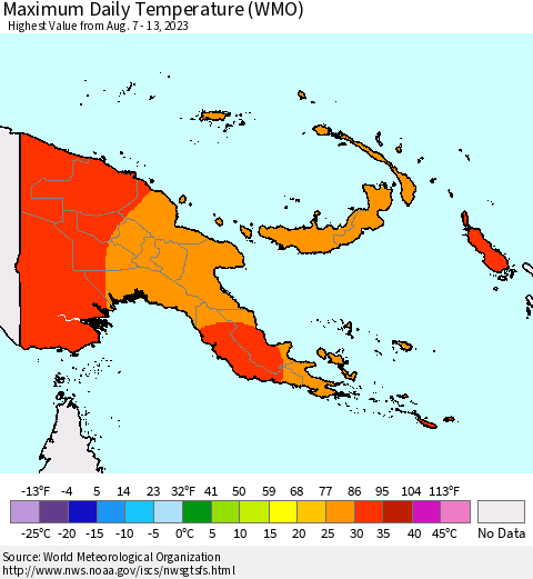 Papua New Guinea Maximum Daily Temperature (WMO) Thematic Map For 8/7/2023 - 8/13/2023