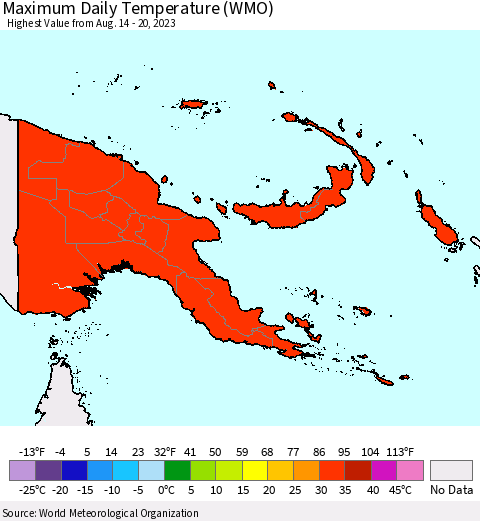 Papua New Guinea Maximum Daily Temperature (WMO) Thematic Map For 8/14/2023 - 8/20/2023