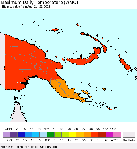 Papua New Guinea Maximum Daily Temperature (WMO) Thematic Map For 8/21/2023 - 8/27/2023