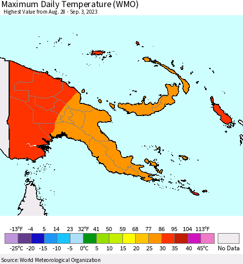 Papua New Guinea Maximum Daily Temperature (WMO) Thematic Map For 8/28/2023 - 9/3/2023