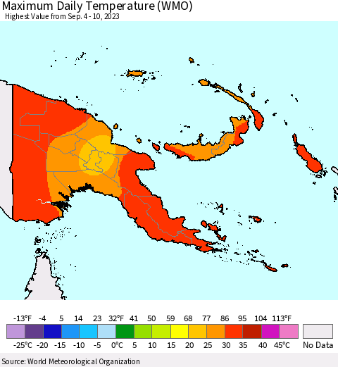 Papua New Guinea Maximum Daily Temperature (WMO) Thematic Map For 9/4/2023 - 9/10/2023