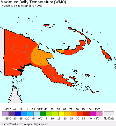 Papua New Guinea Maximum Daily Temperature (WMO) Thematic Map For 9/11/2023 - 9/17/2023