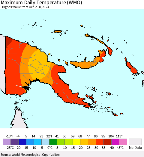 Papua New Guinea Maximum Daily Temperature (WMO) Thematic Map For 10/2/2023 - 10/8/2023