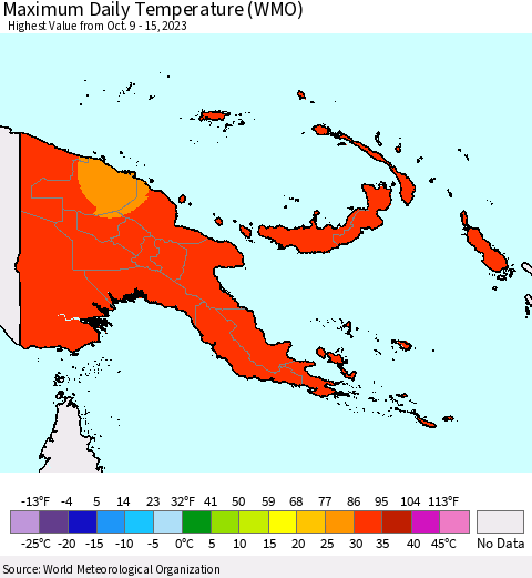 Papua New Guinea Maximum Daily Temperature (WMO) Thematic Map For 10/9/2023 - 10/15/2023