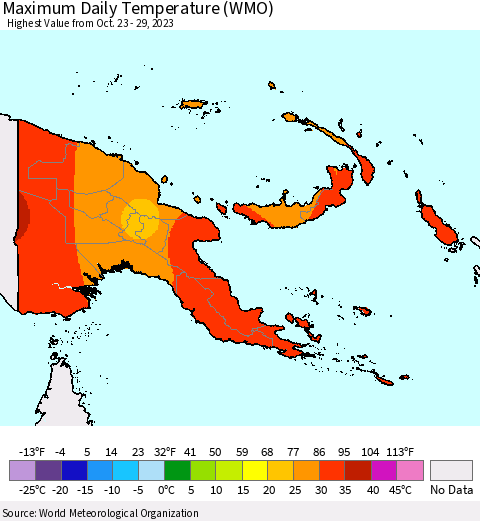 Papua New Guinea Maximum Daily Temperature (WMO) Thematic Map For 10/23/2023 - 10/29/2023