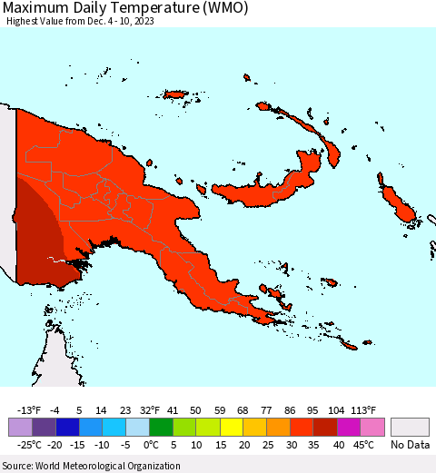 Papua New Guinea Maximum Daily Temperature (WMO) Thematic Map For 12/4/2023 - 12/10/2023