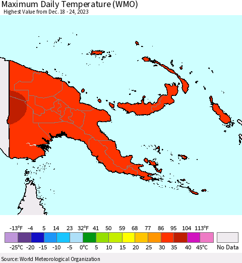 Papua New Guinea Maximum Daily Temperature (WMO) Thematic Map For 12/18/2023 - 12/24/2023