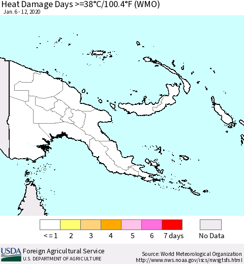 Papua New Guinea Heat Damage Days >=38°C/100°F (WMO) Thematic Map For 1/6/2020 - 1/12/2020