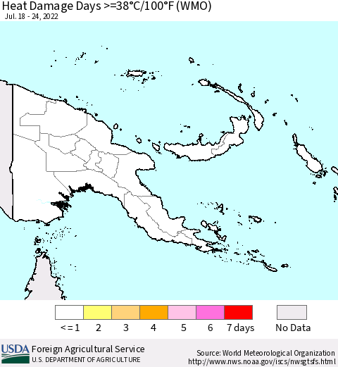 Papua New Guinea Heat Damage Days >=38°C/100°F (WMO) Thematic Map For 7/18/2022 - 7/24/2022