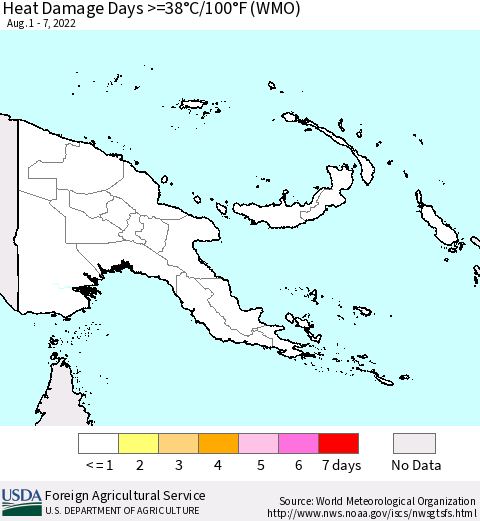 Papua New Guinea Heat Damage Days >=38°C/100°F (WMO) Thematic Map For 8/1/2022 - 8/7/2022