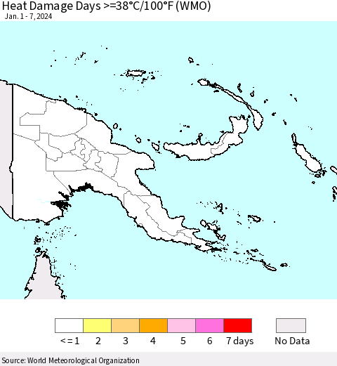 Papua New Guinea Heat Damage Days >=38°C/100°F (WMO) Thematic Map For 1/1/2024 - 1/7/2024