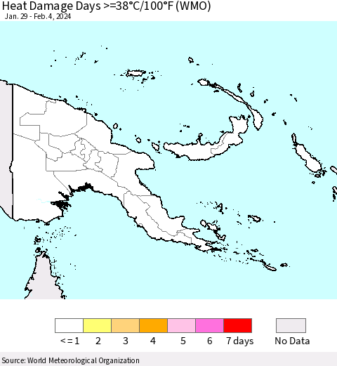 Papua New Guinea Heat Damage Days >=38°C/100°F (WMO) Thematic Map For 1/29/2024 - 2/4/2024