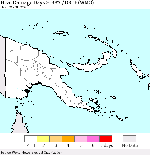 Papua New Guinea Heat Damage Days >=38°C/100°F (WMO) Thematic Map For 3/25/2024 - 3/31/2024