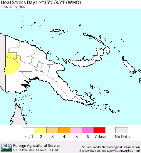 Papua New Guinea Heat Stress Days >=35°C/95°F (WMO) Thematic Map For 1/13/2020 - 1/19/2020