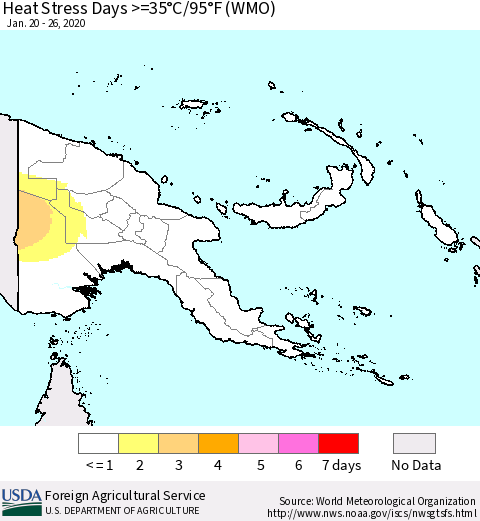 Papua New Guinea Heat Stress Days >=35°C/95°F (WMO) Thematic Map For 1/20/2020 - 1/26/2020