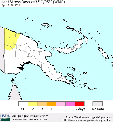 Papua New Guinea Heat Stress Days >=35°C/95°F (WMO) Thematic Map For 4/13/2020 - 4/19/2020