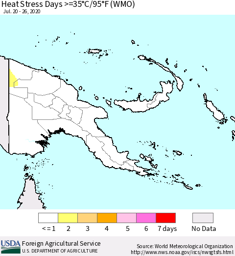 Papua New Guinea Heat Stress Days >=35°C/95°F (WMO) Thematic Map For 7/20/2020 - 7/26/2020