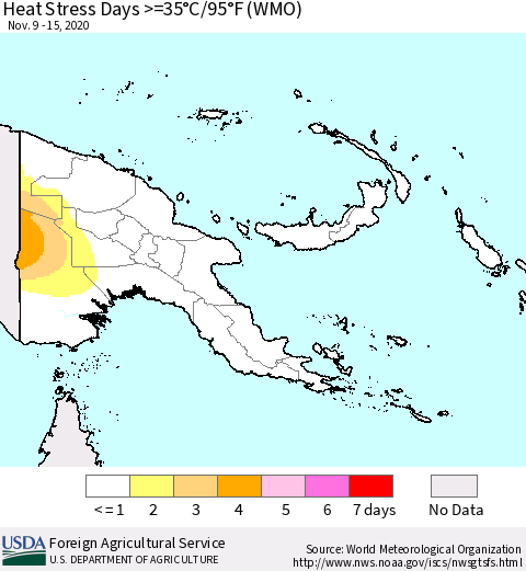 Papua New Guinea Heat Stress Days >=35°C/95°F (WMO) Thematic Map For 11/9/2020 - 11/15/2020