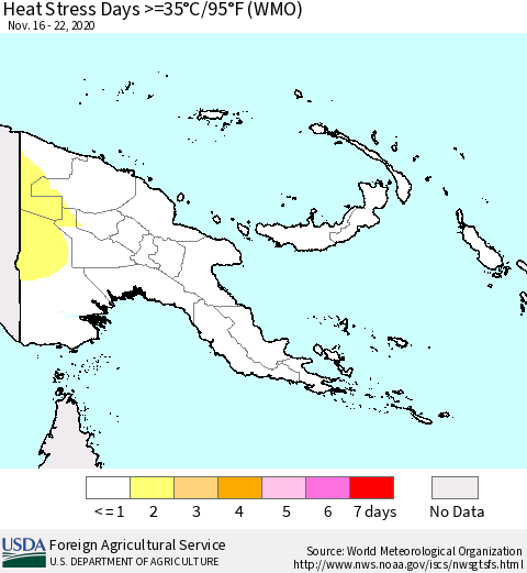 Papua New Guinea Heat Stress Days >=35°C/95°F (WMO) Thematic Map For 11/16/2020 - 11/22/2020