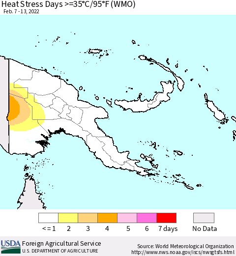 Papua New Guinea Heat Stress Days >=35°C/95°F (WMO) Thematic Map For 2/7/2022 - 2/13/2022