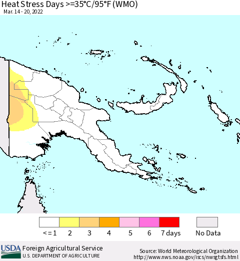 Papua New Guinea Heat Stress Days >=35°C/95°F (WMO) Thematic Map For 3/14/2022 - 3/20/2022