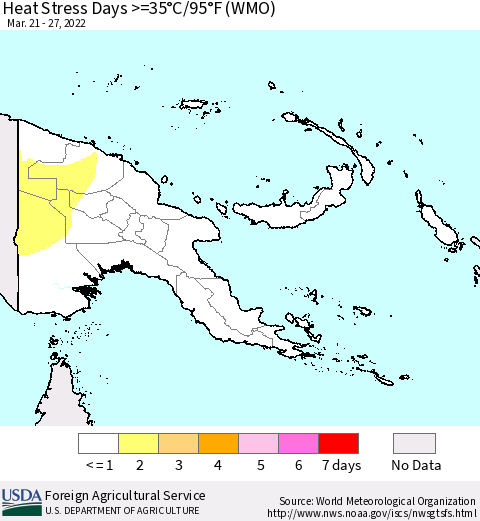 Papua New Guinea Heat Stress Days >=35°C/95°F (WMO) Thematic Map For 3/21/2022 - 3/27/2022