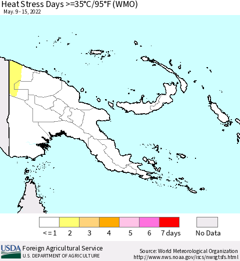 Papua New Guinea Heat Stress Days >=35°C/95°F (WMO) Thematic Map For 5/9/2022 - 5/15/2022