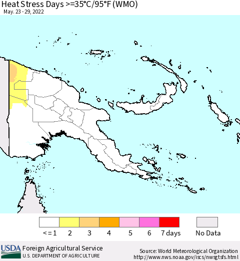 Papua New Guinea Heat Stress Days >=35°C/95°F (WMO) Thematic Map For 5/23/2022 - 5/29/2022