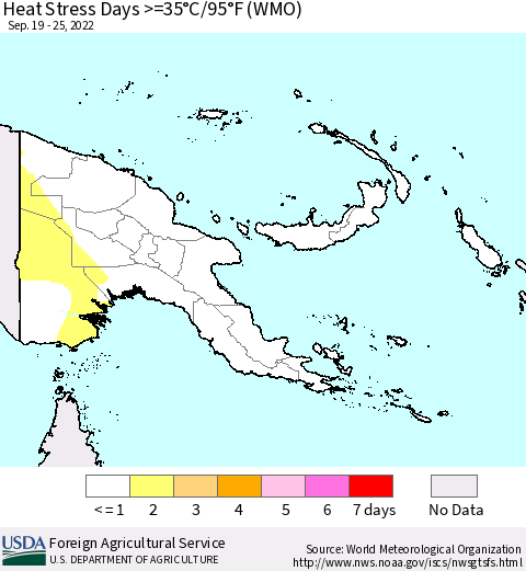 Papua New Guinea Heat Stress Days >=35°C/95°F (WMO) Thematic Map For 9/19/2022 - 9/25/2022