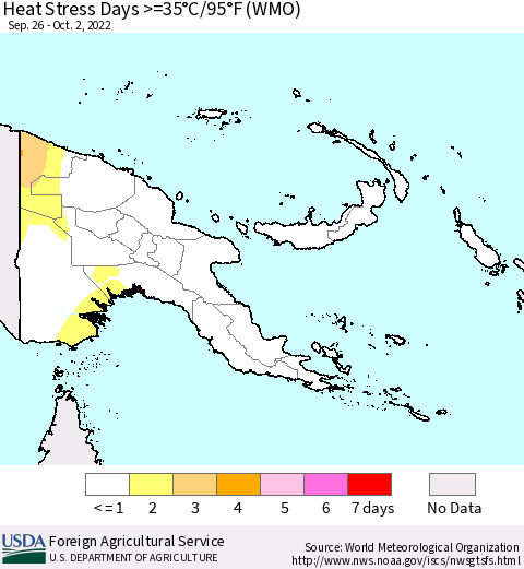 Papua New Guinea Heat Stress Days >=35°C/95°F (WMO) Thematic Map For 9/26/2022 - 10/2/2022