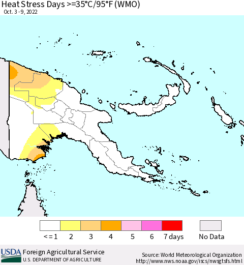 Papua New Guinea Heat Stress Days >=35°C/95°F (WMO) Thematic Map For 10/3/2022 - 10/9/2022