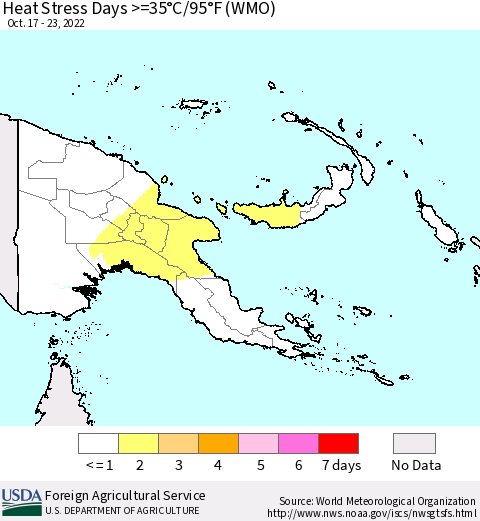Papua New Guinea Heat Stress Days >=35°C/95°F (WMO) Thematic Map For 10/17/2022 - 10/23/2022