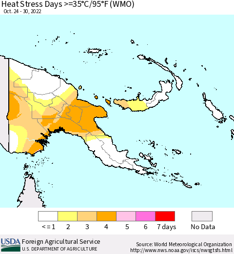 Papua New Guinea Heat Stress Days >=35°C/95°F (WMO) Thematic Map For 10/24/2022 - 10/30/2022