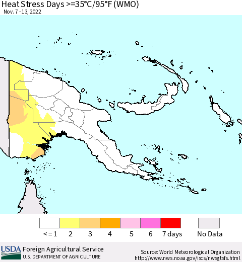 Papua New Guinea Heat Stress Days >=35°C/95°F (WMO) Thematic Map For 11/7/2022 - 11/13/2022