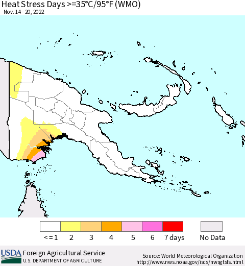 Papua New Guinea Heat Stress Days >=35°C/95°F (WMO) Thematic Map For 11/14/2022 - 11/20/2022
