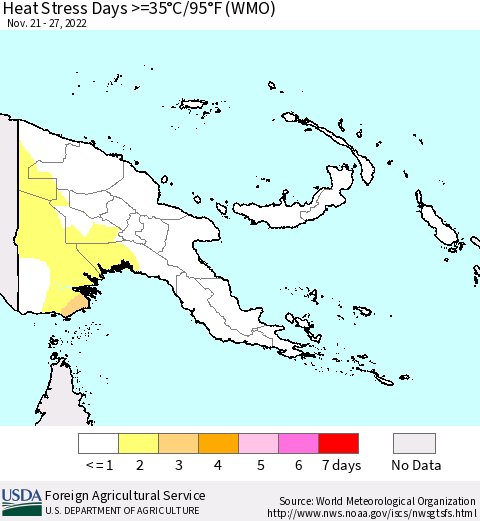 Papua New Guinea Heat Stress Days >=35°C/95°F (WMO) Thematic Map For 11/21/2022 - 11/27/2022