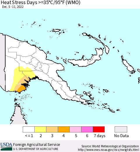 Papua New Guinea Heat Stress Days >=35°C/95°F (WMO) Thematic Map For 12/5/2022 - 12/11/2022