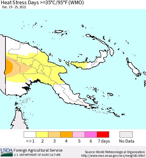 Papua New Guinea Heat Stress Days >=35°C/95°F (WMO) Thematic Map For 12/19/2022 - 12/25/2022